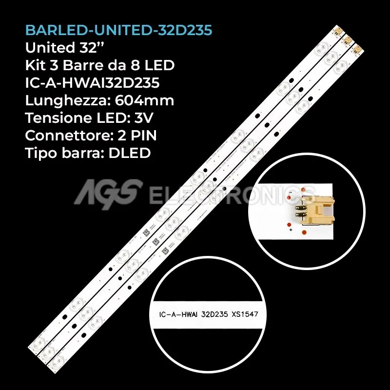 kit 3 barre LED retroilluminazione per United 32 pollici modello LED32T26