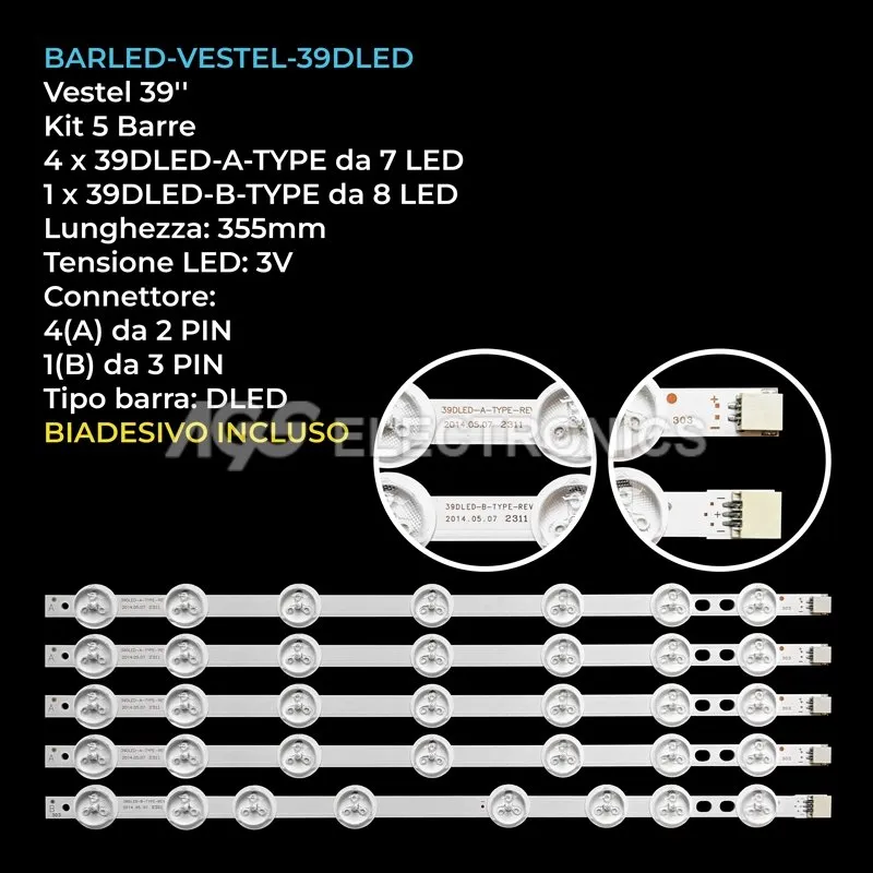 kit 5 barre LED retroilluminazione per Vestel 39 pollici pannello VES390UNDA2DN03