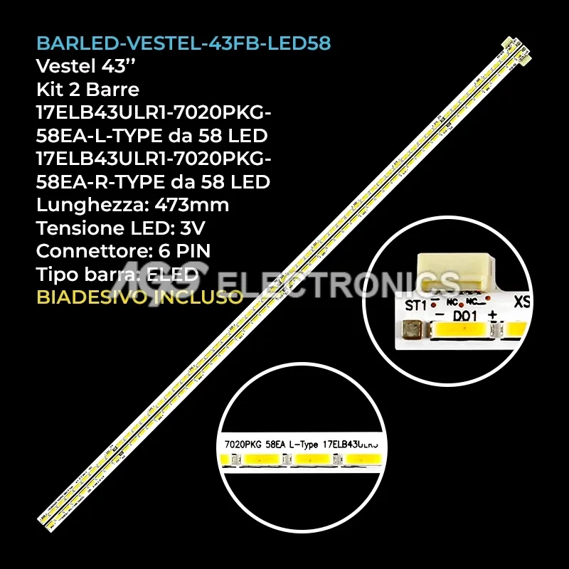 kit 2 barre LED retroilluminazione per Vestel 43 pollici modello 43FB755