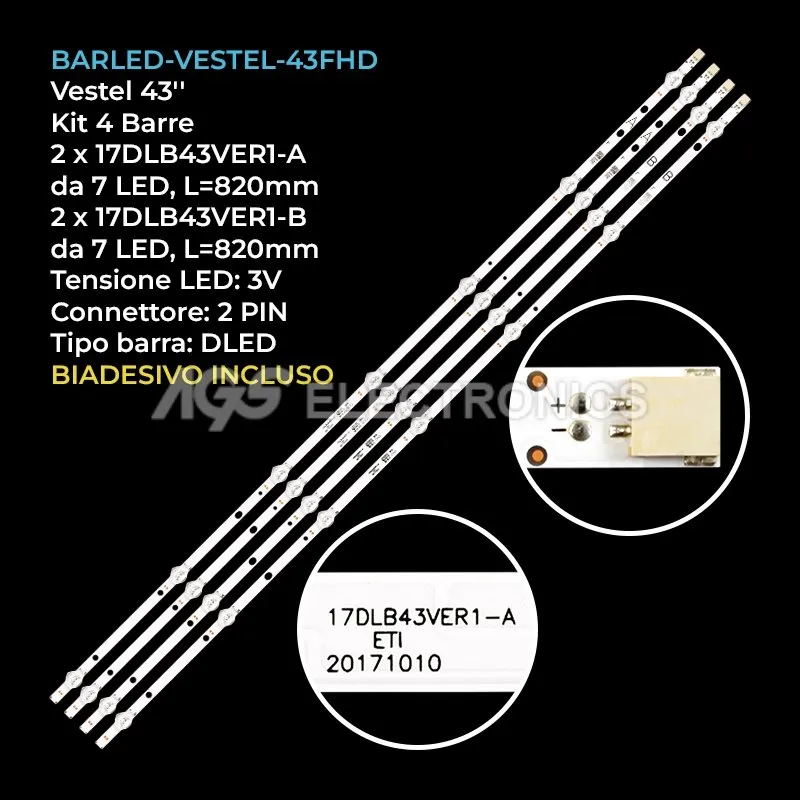 kit 4 barre LED retroilluminazione per Hitachi 43 pollici modello 43HB6T62H