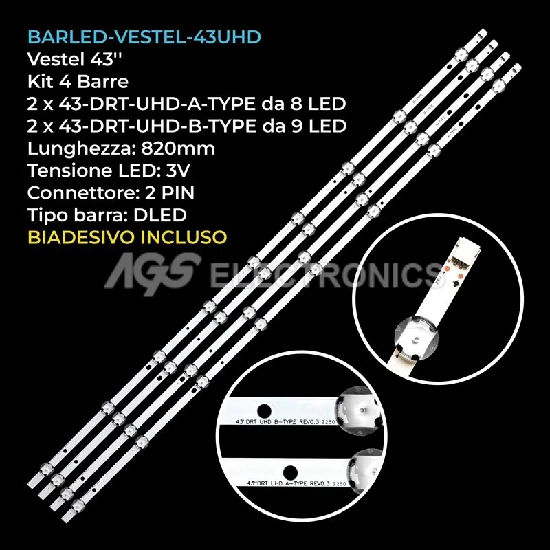 kit 4 barre LED retroilluminazione per Techwood 43 pollici modello 43AO8UHD