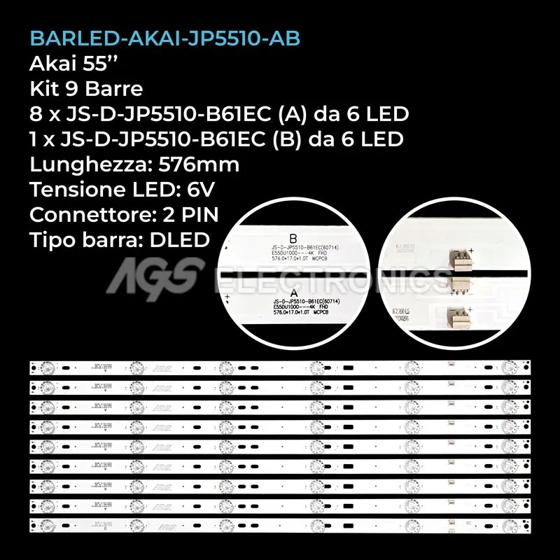 kit 9 barre LED retroilluminazione per Akai 55 pollici modello CTV5584UHDSMARTCURVED