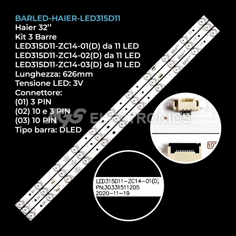kit 3 barre LED retroilluminazione per Haier 32 pollici modello LK315T3HB94