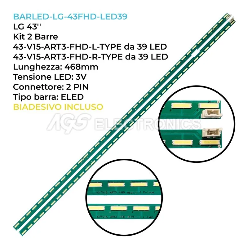 kit 2 barre LED retroilluminazione per LG 43 pollici modello 43LF635V