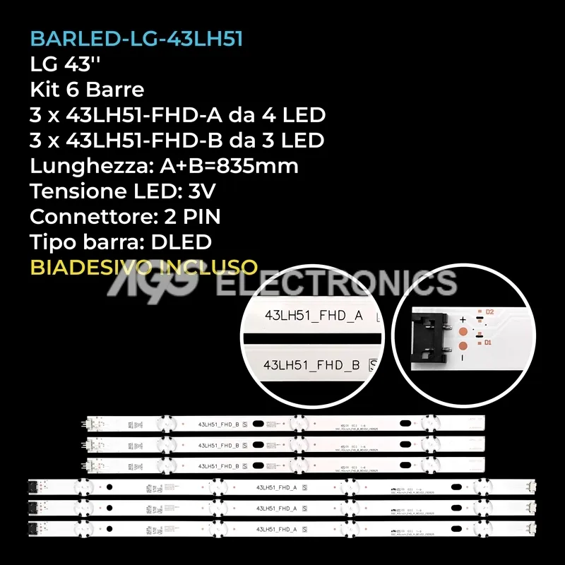 kit 6 barre LED retroilluminazione per LG 43 pollici modello 43LW541HTD