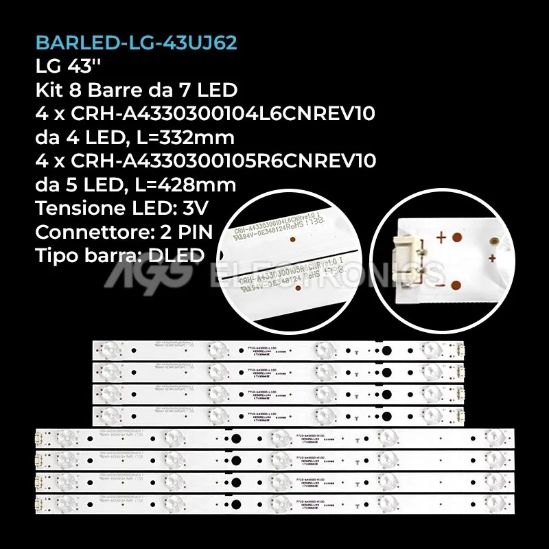 kit 8 barre LED retroilluminazione per LG 43 pollici modello 43UJ6300