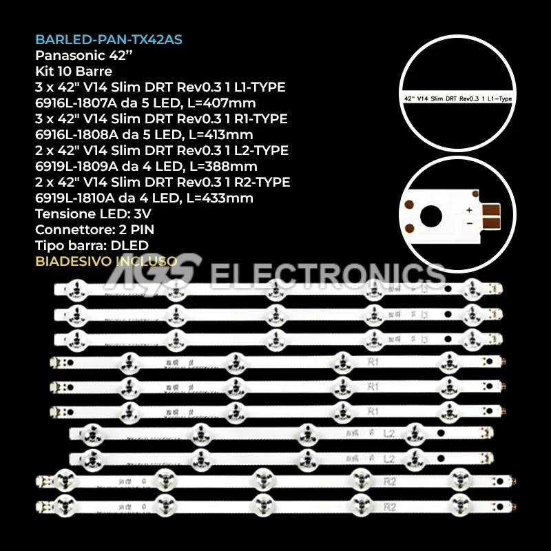 kit 10 barre LED retroilluminazione per Panasonic 42 pollici modello TX42AS750E