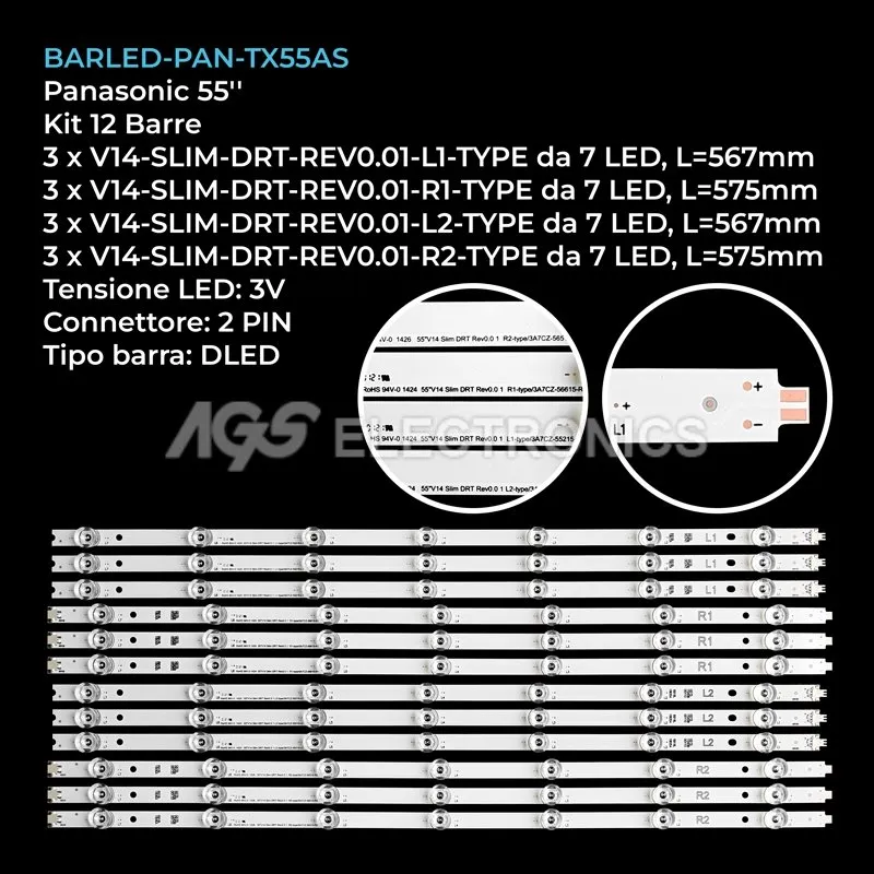 kit 12 barre LED retroilluminazione per Panasonic 55 pollici modello TX55ASM655