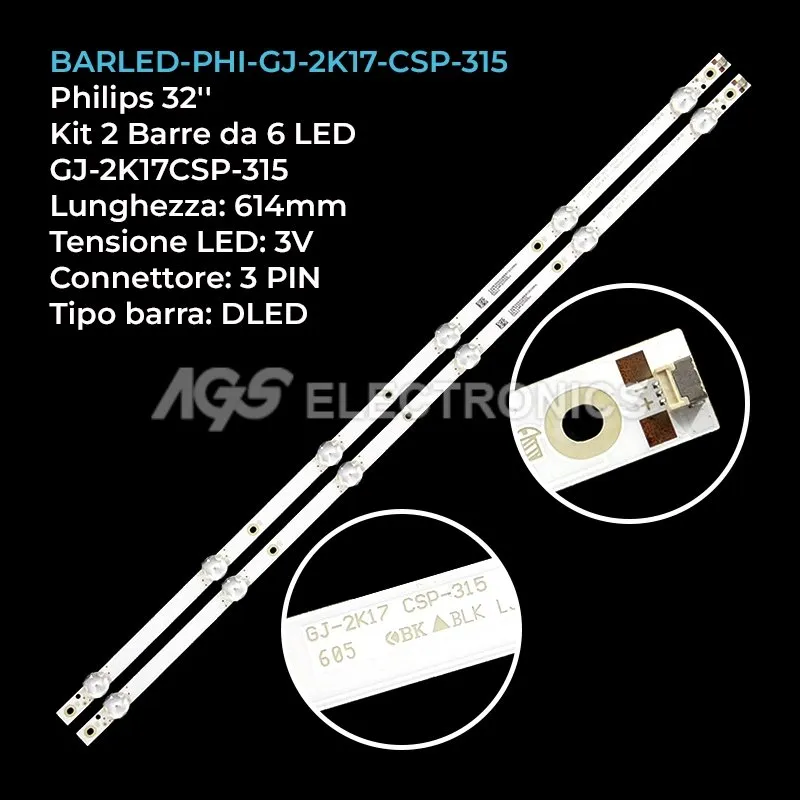 kit 2 barre LED retroilluminazione per Philips 32 pollici modello 32PFS580362