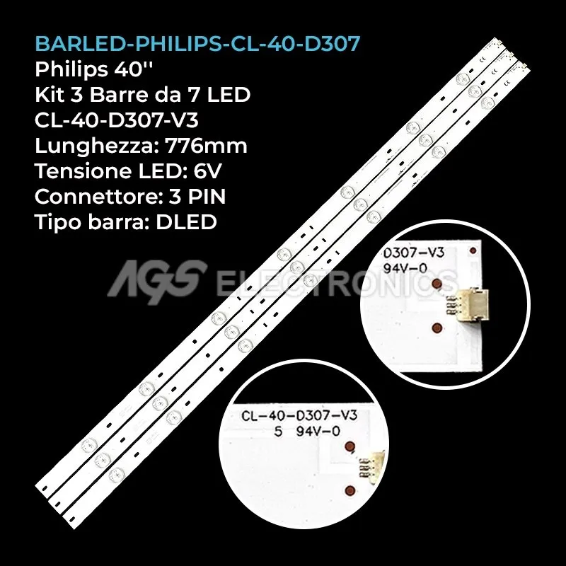 kit 3 barre LED retroilluminazione per Philips 40 pollici modello 40PFL3188