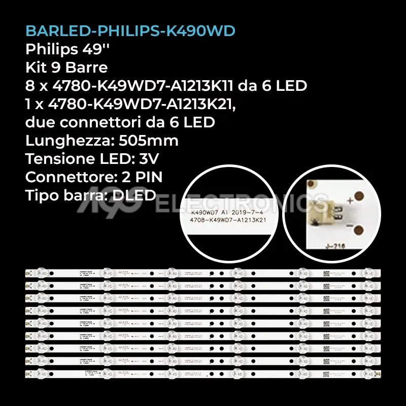 kit 9 barre LED retroilluminazione per Philips 49 pollici modello 49PFF5455T3
