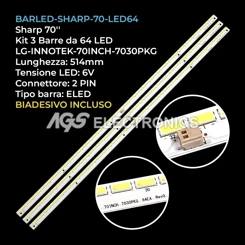 kit 3 barre LED retroilluminazione per Sharp 70 pollici modello LCD70LX550A