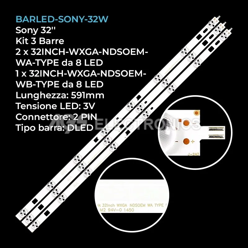 kit 3 barre LED retroilluminazione per Sony 32 pollici modello KDL32R413B