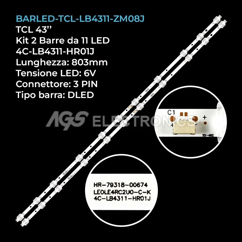 kit 2 barre LED retroilluminazione per TCL 43 pollici modello 43DP600X1